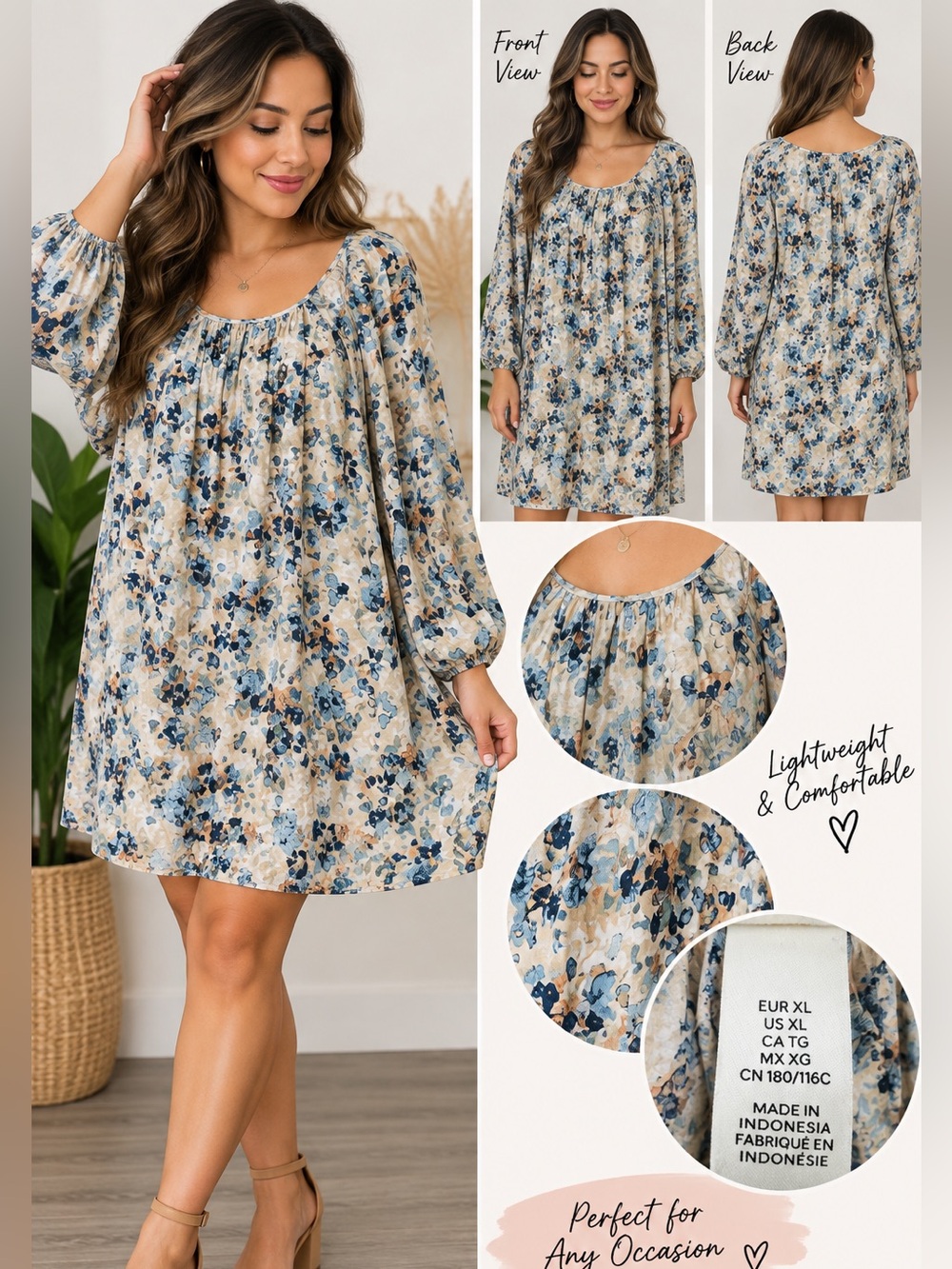 H&M Beige and Blue Floral Scoop-Neck Mini Dress